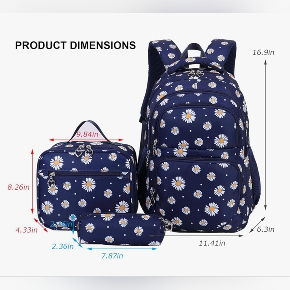 Daisy Printed Backpacks With Lunch Pack Pencil Case 3pcs, Lightweight Water Resi - Picture 2 of 8